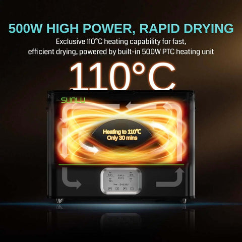 Engineering Filament Dryer Box With 110C Heat And 500W PTC Heater showcasing heating capabilities and digital control panel.