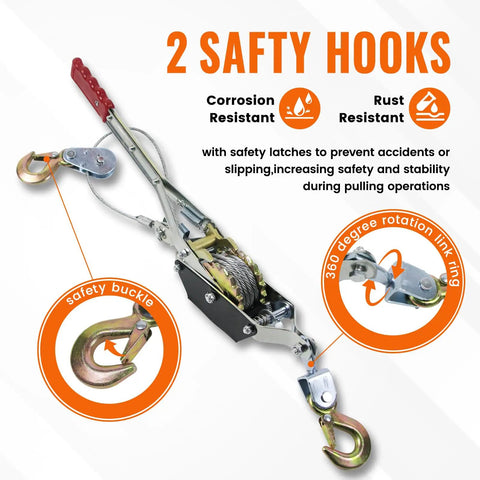 2 Ton Heavy Duty Come Along Winch With Ratchet Chain For Quick Lifts And Steady Pulls In The Garage Or On The Job Site A Solid Workhorse For Light To Medium Duty Towing And Lifting Tasks, steel wire rope, 2 safety hooks