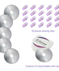 Rotary cutter blade set with five 45mm blades, blade case, and 20 purple sewing clips