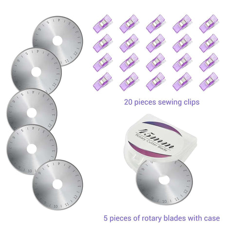Rotary cutter blade set with five 45mm blades, blade case, and 20 purple sewing clips