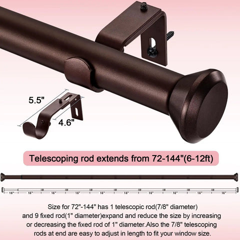 Heavy Duty Bronze Curtain Rod Set For Windows 72 To 144 Inches With Adjustable 1 Inch Rods And Diamond Finials in detail