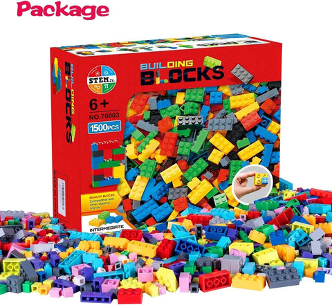 Mega 1500 Piece Building Bricks Set For Kids With Doors, Windows, Wheels And Axles box and colorful bricks