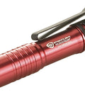 Ultra Compact EDC LED Flashlight With 45 Lumens And 420 Candela, AAA Battery Powered, red body, pocket clip visible, side view
