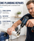 Essential 3 Pvc Pipe Threader Set With 1/2 Inch, 3/4 Inch, And 1 Inch Durable Alloy Steel Heads used for home plumbing repairs.