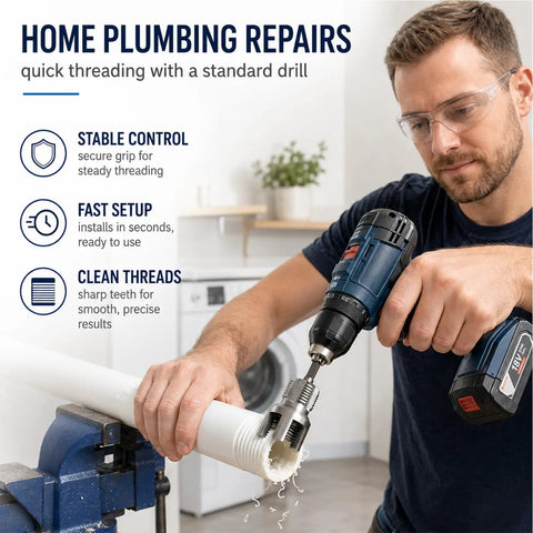 Essential 3 Pvc Pipe Threader Set With 1/2 Inch, 3/4 Inch, And 1 Inch Durable Alloy Steel Heads used for home plumbing repairs.