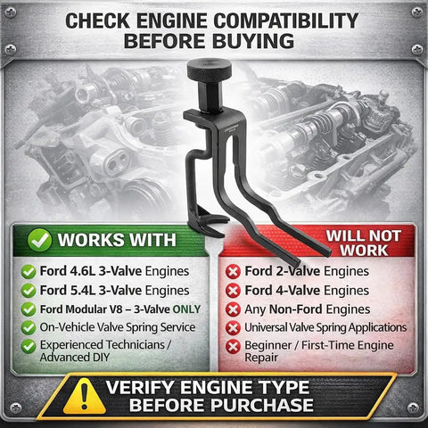Compatibility chart for On Vehicle Spring Compressor For Ford 4.6L And 5.4L 3 Valve Modular Engines with advisory notes.