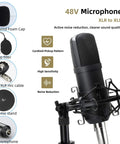 All In One Podcast Mic Bundle With 48V XLR Mic on stand, pop filter, foam cap, XLR cable, highlighted features