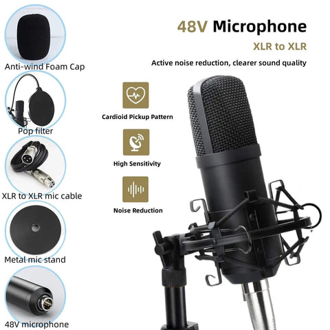 All In One Podcast Mic Bundle With 48V XLR Mic on stand, pop filter, foam cap, XLR cable, highlighted features