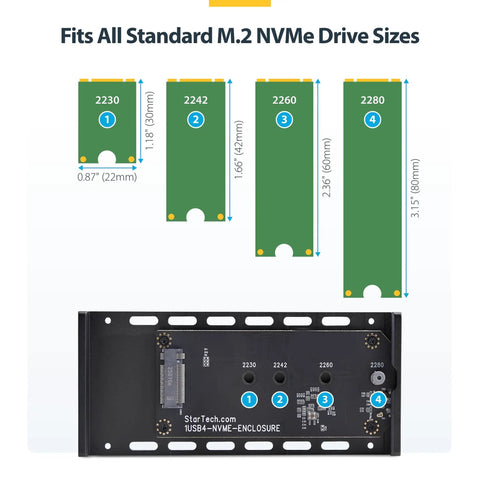 Diagram showing M.2 NVMe drive sizes. Fits all standard sizes for Top Notch USB4 And Thunderbolt 3 M.2 Nvme Ssd Enclosure.