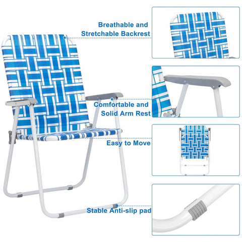 Set Of 2 Portable Folding Lawn Chairs For Patio Or Beach Use, Webbed Seats With Higher Backrests, Heavy Duty Metal Frame, Anti Slip Feet, Lightweight Yet Durable For Yard Garden And Outdoor Fun In Blue, illustrated features