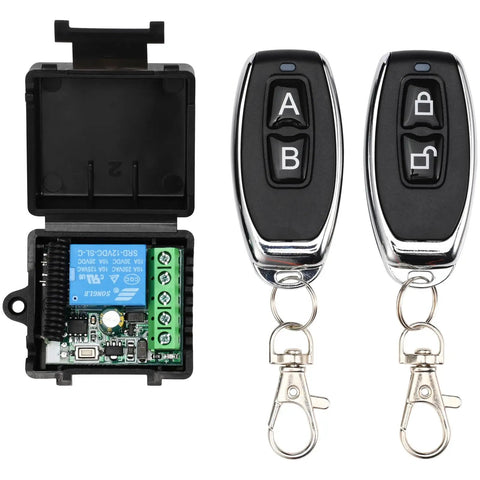 Heavy Duty Access Control Kit With Remote And 1200 Pound Fail Safe Electromagnetic Lock Metal Keypad 12V Power Supply Exit Button And Doorbell Supports RFID Card Password And Remote Access For Home Office Or Commercial Doors, showing two remote controls and a circuit board for remote access.