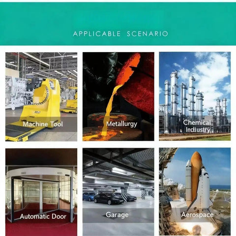 Collage of industrial scenarios: machine tool, metallurgy, chemical industry, automatic door, garage, aerospace launch pad.