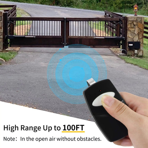 Hand holding Multi Code 300 MHz Gate Opener Remote Clicker With 10 Dip Switches Plug And Play Easy Install in front of gate