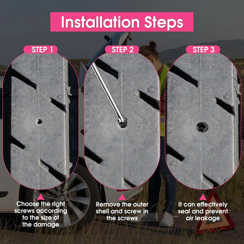 Installation steps of 40 Piece Tire Repair Kit With Two Sizes Of Screw In Rubber Nails And 0.27 Inch Screwdriver for quick DIY fix.
