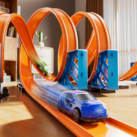 Cool Race Track Car Set For Kids 3 Plus With 5 Rotating Tracks And 2 Small Cars in living room with orange loops