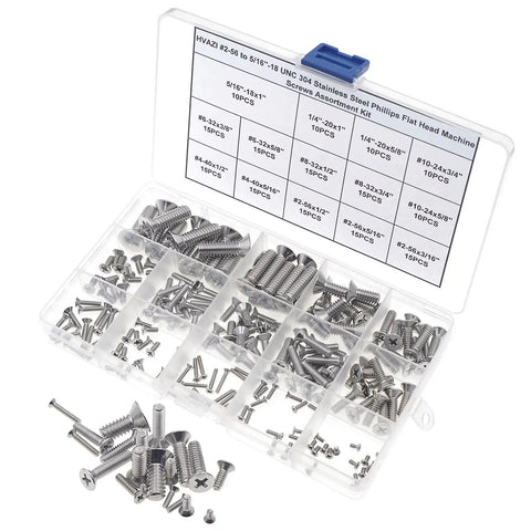 Solid Boss Level Hardware Must Have 185 Piece Phillips Flat Head Countersunk Screws 14 Size UNC Imperial 304 Stainless Steel Machine Bolt Assortment Kit in compartment case.