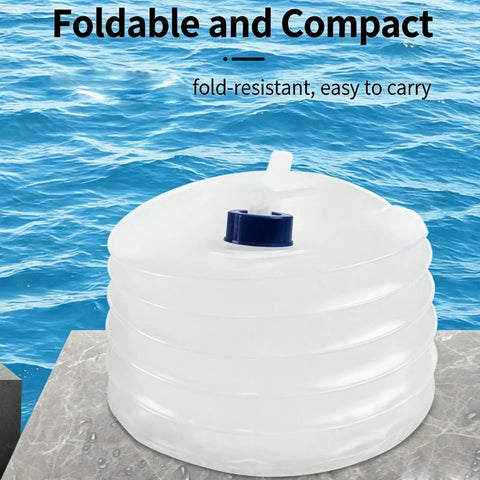 Collapsible Water Storage Container With Spigot 3L 5L 10L Foldable Clear Water Jug on a table with ocean background