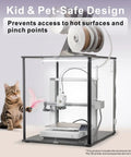 3D Printer Enclosure For Bambu Lab A1 With Fume And Odor Control, showing cat outside clear enclosure with filament reel on top.