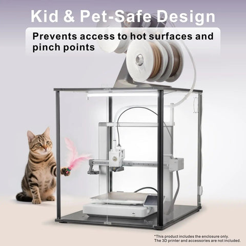 3D Printer Enclosure For Bambu Lab A1 With Fume And Odor Control, showing cat outside clear enclosure with filament reel on top.