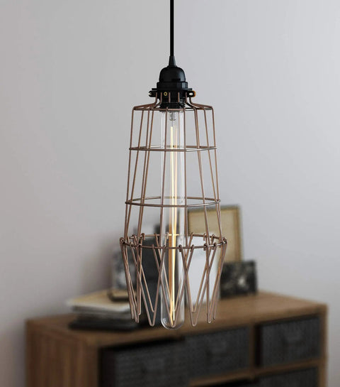 Sharp Bronze Metal Wire Cage Guard For Pendant Lamps With Badass Build Quality And Fly Design No Sweat Setup For Creative Lighting Projects And Chic Ceiling Lamp Shields hanging pendant lamp with clear bulb and bronze wire cage over wooden table.
