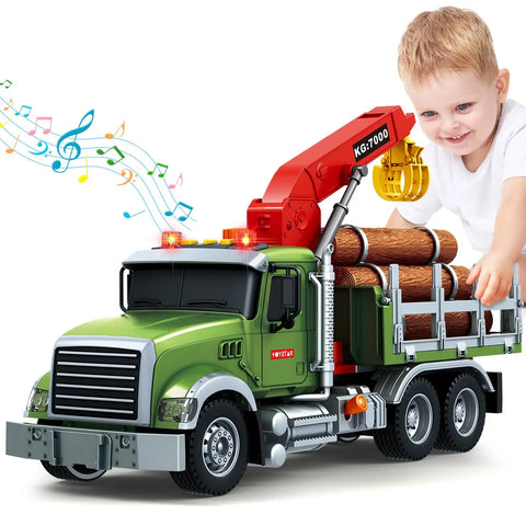 Farm Logging Truck Toy With Loading Crane And 6 Wood Trunks Lights And Sounds Friction Powered 15 Inch Vehicle hands-on play