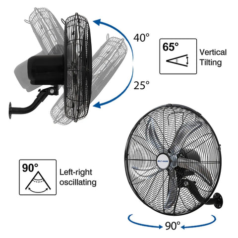 20 Inch Oscillating Wall Mount Fan with Wired Remote, showing angle and oscillation details
