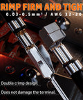 Close-up of Crimping Tool And Dupont Connector Kit with 21 Styles, showing double crimp design for AWG 32 to 20 wire projects.