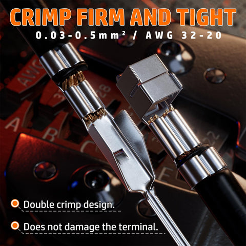 Close-up of Crimping Tool And Dupont Connector Kit with 21 Styles, showing double crimp design for AWG 32 to 20 wire projects.