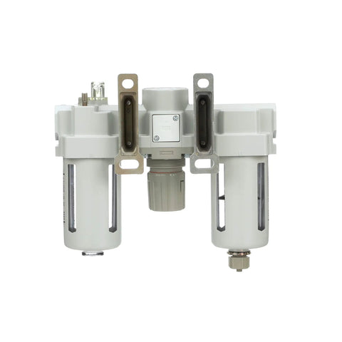 Compressed Air Filter Regulator Lubricator Pro Grade Combo with gauge and manual drain, half inch NPT, poly bowl with metal guard