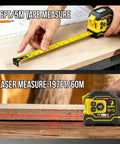 2-in-1 Laser Tape Measure, 197 FT Laser Distance Meter & 16 FT Tape showing laser in use and tape measuring wood.