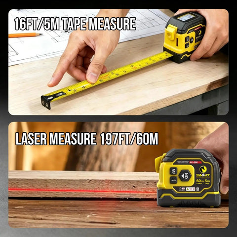 2-in-1 Laser Tape Measure, 197 FT Laser Distance Meter & 16 FT Tape showing laser in use and tape measuring wood.