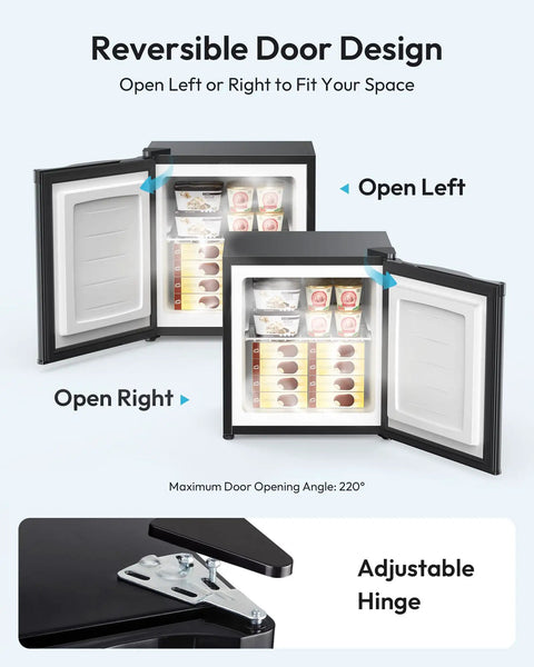 Compact One Point One Cubic Foot Upright Mini Freezer With Reversible Door And Adjustable Feet showing reversible door design and hinge.