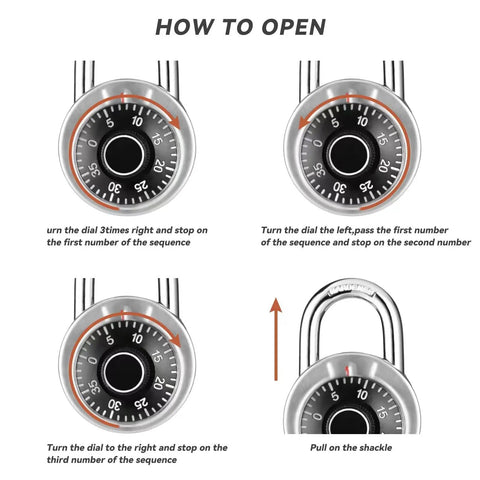 Instructions for opening Locker Lock With Long Shackle Keyless Padlock For School Gym And More, 2 Inch Wide Body And 9 32 Inch Shackle.
