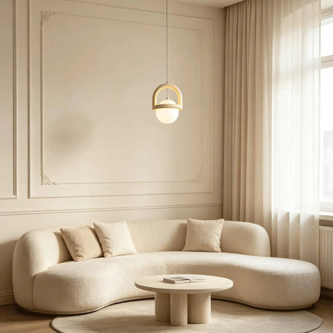 HLRCB Indoor Pendant Light, Cream White, Globe Shade Suspended Mount above a modern beige sofa in a stylish living room.