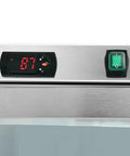 Digital control panel of Chill Out In Style 21 Cu Ft Commercial Freezer With Glass Door displaying temperature.