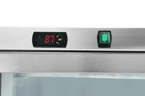 Digital control panel of Chill Out In Style 21 Cu Ft Commercial Freezer With Glass Door displaying temperature.