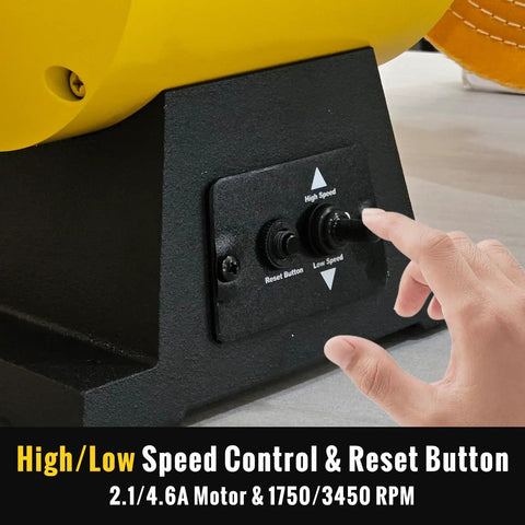 Hand adjusting speed control on 10 Inch Dual Speed Bench Buffer Polisher With Three Quarter Horsepower Induction Motor And Heavy Duty Cast Iron Base For Jewelry Metal Wood Rock Garage And Workshop Use 1750 Or 3450 RPM DIY Friendly
