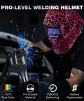 Leopard Pattern Auto Darkening Welding Helmet With True Color Lenses, Four Arc Sensors, Ultra Fast Reaction Time Of One Over Twenty Five Thousandth Of A Second, Solar Powered Weld Hood For TIG MIG ARC Welding, Pro Grade Shade And Sensitivity in use by welder