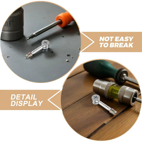Top Tier Forty Piece Furniture Cam Lock Connector Kit With Pre Loaded Alloy Iron Screws And Nuts detail showing durable connector and tools.
