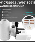 Washer drain pump assembly, white plastic with motor, compatible with Kenmore HE2 Plus and Whirlpool Duet washers.