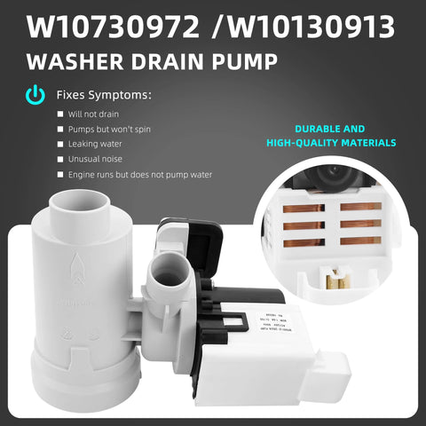Washer drain pump assembly, white plastic with motor, compatible with Kenmore HE2 Plus and Whirlpool Duet washers.