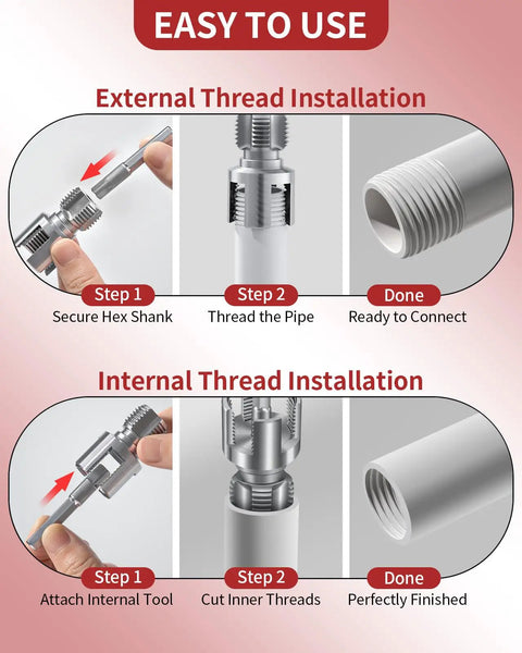 Alinmesh Hc Steel Pvc Pipe Threader Kit 1/2 Inch And 3/4 Inch With Drill Adapter showing external and internal thread installation steps.