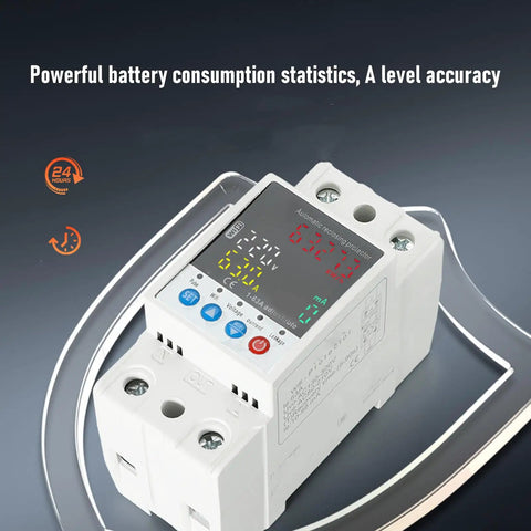 Slick Outdoor Smart Wifi Circuit Breaker With Dead Simple Smartphone App Remote Control And Real Time Monitoring For No Sweat Home Or Industrial Power Management 63A Adjustable Electrical Switch display with digital readout and control buttons.