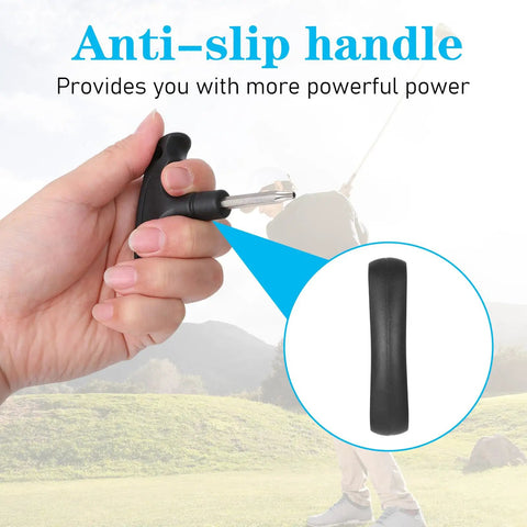 Adjustable Golf Wrench With Plastic Handle Stainless Steel Golf Driver Tool shown with anti-slip grip in hand outdoors.