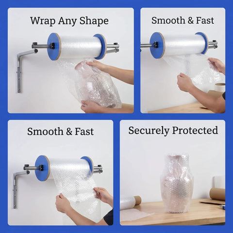 Straight Up Wall Mount Bubble Wrap Dispenser And Rock Solid Foam Roll Holder For Pro Level Packing Stations, showing bubble wrap application.