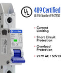 Miniature Circuit Breaker 15A 1 Pole C Curve UL 489 Listed For No Fuss Branch Circuit Protection Easy Install Fast Trip And Solid Thermal Overload And Short Circuit Safety In US And Canada, gray DIN rail breaker with blue toggle