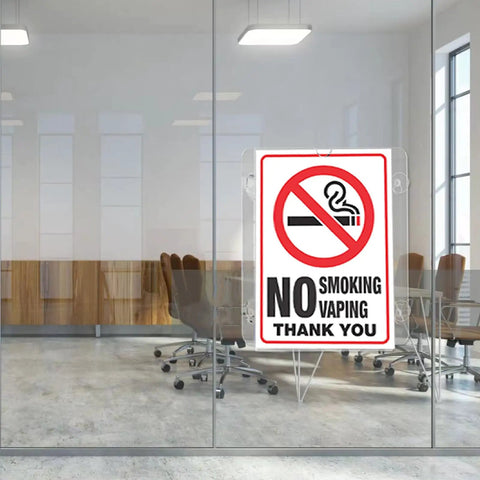 Clear Acrylic Window Sign Holder with Super Easy Suction Cups 8.5 by 11 Inch Wall Mount Sign Frame displaying a no smoking sign
