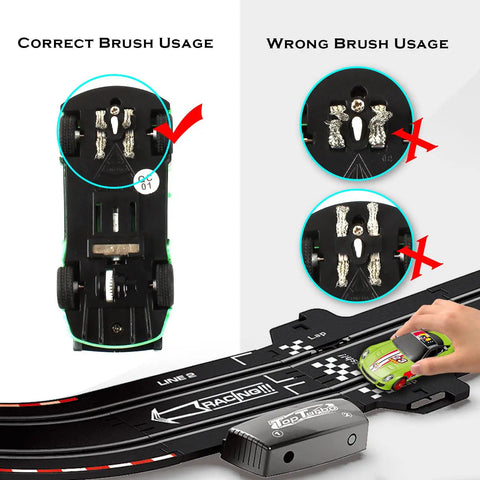 Electric Slot Car Race Track Set With Four Cars No Wires Plug And Play Speedway Dual Controllers Lights And Sounds Super Loop Speedway For Kids And Adults Easy Setup Dope Family Toy illustration showing correct and wrong brush usage
