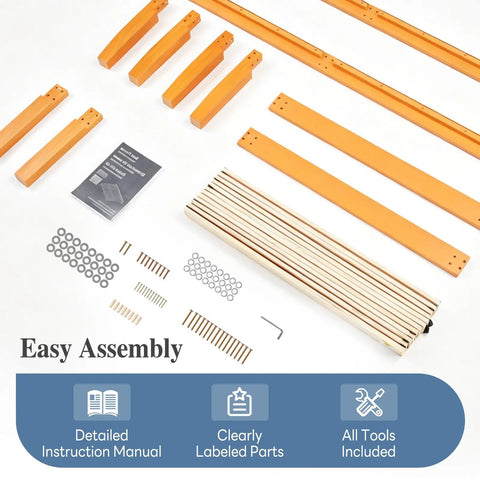 Built Tough Queen Size Platform Bed Frame In Real Natural Pine Wood With Thick Wooden Slats For Zero Wobble Support Never Requires A Box Spring And Flawless Setup For Your Bedroom Space with assembly parts and instruction manual.