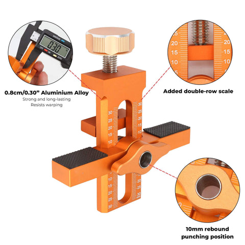 Pro Grade Cabinet Door Positioner Jig With 2 In 1 Versatility Aluminum Alloy Build showing dual scales and punching position